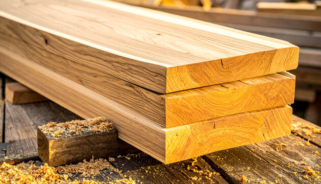 Stack of freshly cut oak boards resting on sawhorses in warm cinematic workshop light generative AI