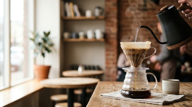 Pouring hot water over coffee grounds in v60 pour over for drip coffee brewing.