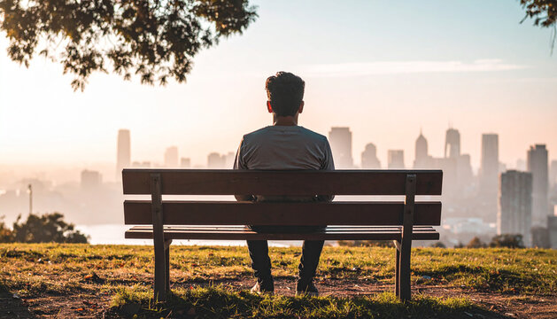 Young man seen from behind sitting on park bench facing hazy warm city skyline generative AI