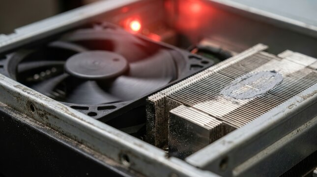 Dusty computer fan and metal heatsink glowing under red indicator light