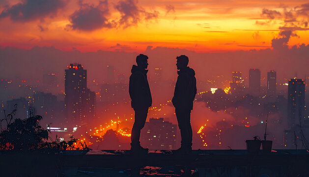 Two silhouettes chatting on rooftop at dusk with warm city glow behind them generative AI