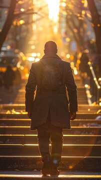 Commuter from behind descending sunlit outdoor steps with warm tones and motion blur generative AI