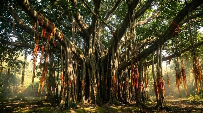 Ancient Banyan Tree with Sacred Threads Tied on Branches