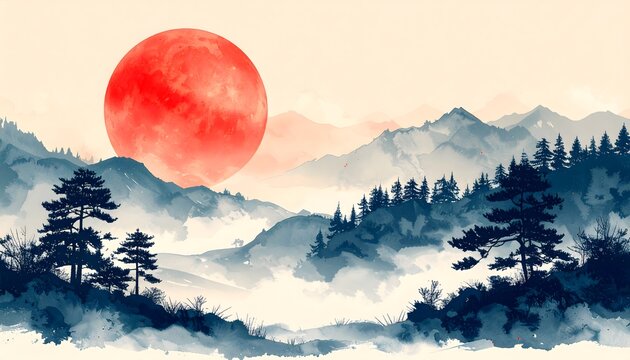 Paisaje de acuarela con monta&ntilde;as, bosques de pinos y gran sol rojo sobre un valle cubierto de niebla