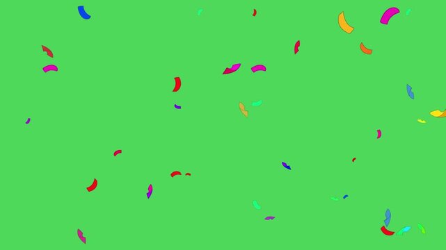 Confetti pieces in vibrant colors fall across a bright green screen background designed for party video overlay effects.