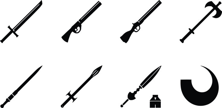 Collection of Vector Weapon Silhouettes Featuring Medieval Swords, Historical Firearms, Battle Axes, and Combat Blades for Game Design, Graphic Illustration, and Web Interface Icons.