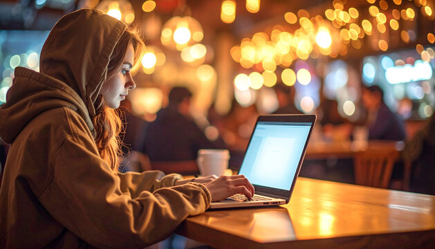 Blurred over the shoulder view of person in hoodie working on laptop at communal table generative AI