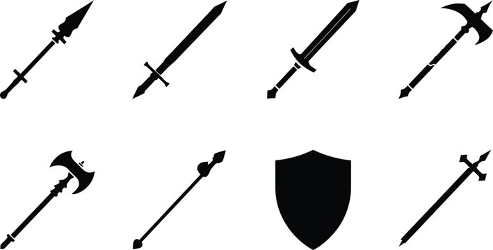 Collection of medieval weapon silhouettes including swords, battle axes, spears, and shield for gaming, fantasy design, historical projects, and heraldic vector illustrations.