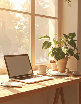 Cosy cafe workspace with unbranded laptop coffee cup and plant on wooden table by window generative AI