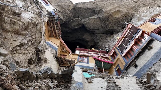 Zanskar, India : Panoramic footage of building exterior of Phuktal gompa, cliffside monastery built in natural cave of Zanskar in the Himalayas mountain in Ladakh, India 