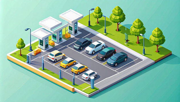 Charging park from above with cars at posts and waiting row on access lane generative AI