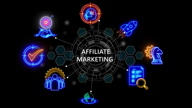 Affiliate marketing concept infographic with the text affiliate marketing in the center surrounded by vibrant neon including a rocket, target, chess piece, magnifying glass, globe, and team