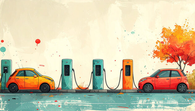 Wonky row of charging posts with boxy cars plugged in and two waiting impatiently generative AI