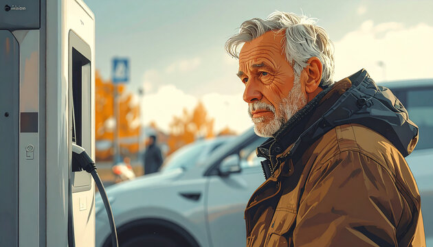 Older man studying charging post display with puzzled expression while another car waits behind generative AI
