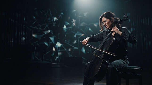 Woman plays cello intensely on stage with dramatic lighting