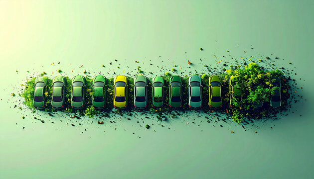 Battery shape formed by queue of tiny cars filling up from left to right generative AI