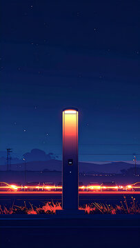 Single tall charging post glowing at night with blurred line of waiting headlights behind generative AI