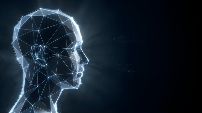 Artificial intelligence glowing digital human head silhouette profile