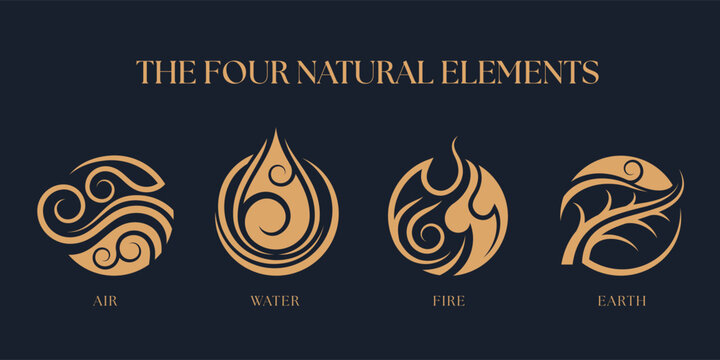 The Four nature elements - fire, water, air and earth with gold smooth curve line in circle shape sign on dark blue background vector design