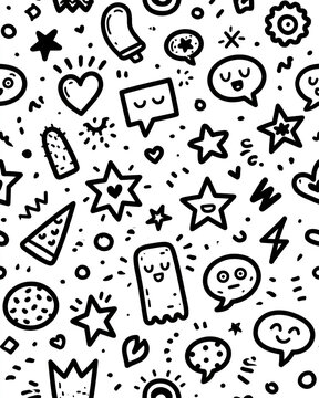 Cartoon doodles fill the frame in playful black and white. Stars, hearts, and smiling faces burst with joy. Characters like ghosts and pizza slices add whimsy. Simplicity invites creativity