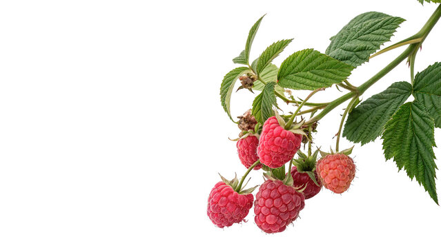 Branch of fresh ripe red raspberries with green leaves isolated on white background