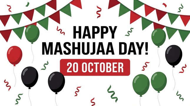Festive Mashujaa Day greeting card design featuring vibrant red green and black balloons with celebratory confetti and bunting hanging against a clean