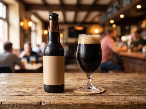 Dark craft beer bottle with blank label and full glass on a rustic wooden pub table, cozy brewery concept