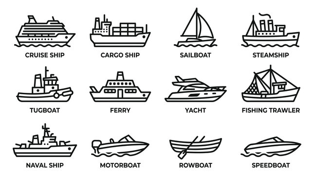 Diverse Nautical Vessels Collection: Cruise Ship, Cargo Ship, Sailboat, Steamship, Tugboat, Ferry, Yacht, Fishing Trawler, Naval Ship, Motorboat, Rowboat, Speedboat - 12 Icons Set
