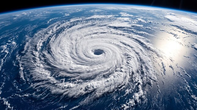 Giant cyclone spinning over ocean waters seen from space, extreme climate weather concept