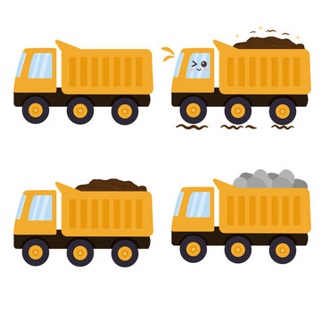 Vector Illustration of Yellow Dump Trucks with Various Loads for Construction Industry and Kids Learning
