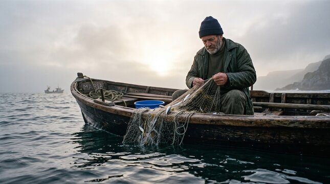 Senior fisherman examining fish in a fishing net on a wooden boat at sea, traditional maritime concept