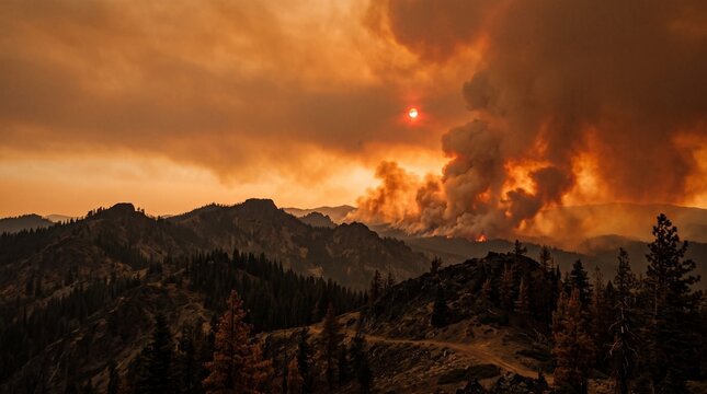 Massive forest fire burning on mountain ridges with thick orange smoke, environmental crisis concept