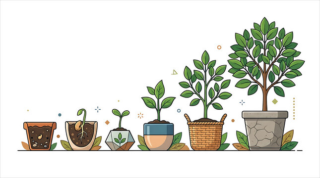 Flat vector illustration depicting the life cycle of a plant growing step by step from a seed in soil to a full leafy potted tree.