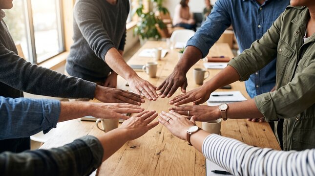 Diverse group of business colleagues reaching hands together over a wooden meeting table, teamwork unity concept