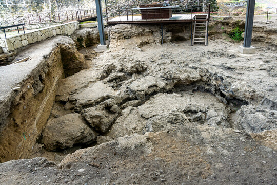 An excavation site where prehistoric humanoid skulls were found. Cultural layers are visible. Mzia, Zezva Homo georgicus. Dmanisi Hominid Archaeological Site. Georgia