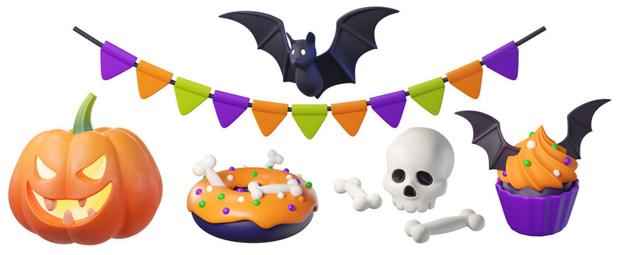 3d Halloween icon set isolated on background. Scene with a bat, jack-o-lantern pumpkin, donut, skull, cupcake decorations for festive campaigns, banners, and invitation marketing.
