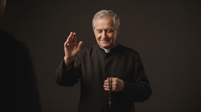 Elderly priest holding rosary beads and blessing with hand