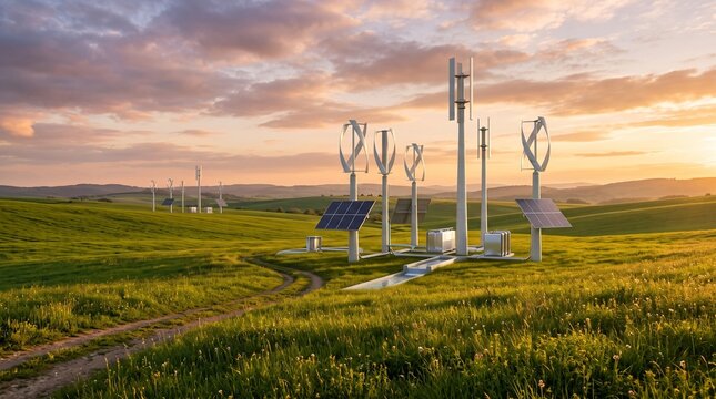 Vertical axis wind turbines and solar panels installed in a green field at sunset, hybrid renewable energy concept