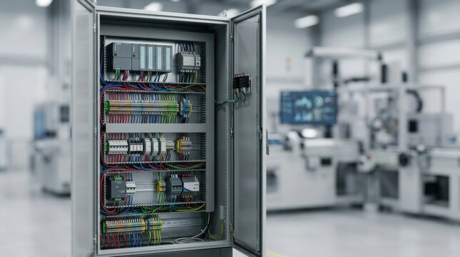 Industrial control cabinet with electrical wiring and automation systems in a modern plant.