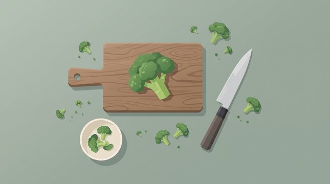 Modern flat design illustration of broccoli, cutting board and kitchen utensils prepared for healthy cooking, fresh vegetable ingredient concept with clean overhead composition.