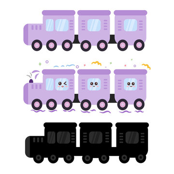 Adorable Cartoon Train Vector Illustration Set with Expressive Faces and Silhouette for Children's Educational Content