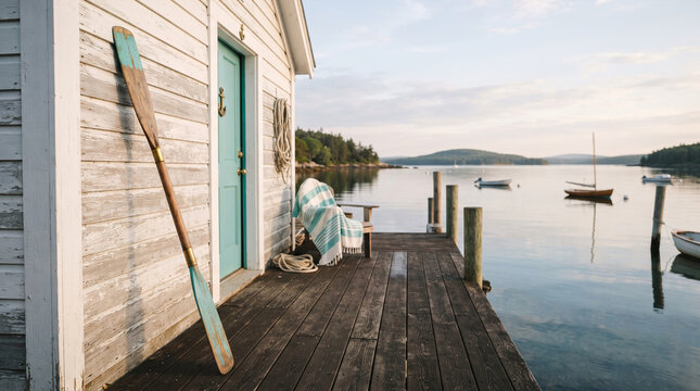 Weathered boathouse and dock with paddle overlooking calm water at sunrise
