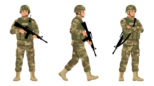 Three soldiers in camouflage uniforms holding rifles in different poses