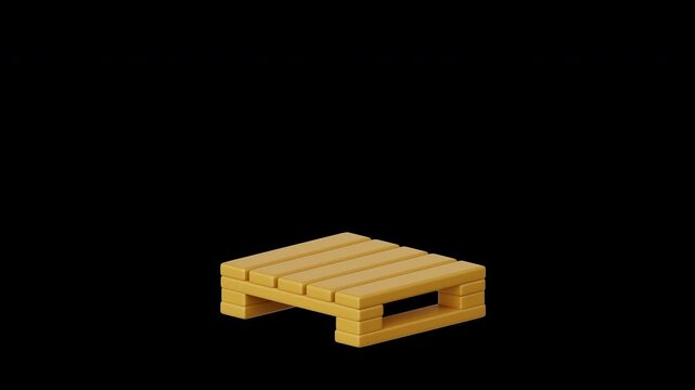 Cardboard packages stack neatly on a wooden pallet in a cute isometric 4K 3d looping animation on transparent background, representing warehouse inventory, logistics packaging, and e-commerce.