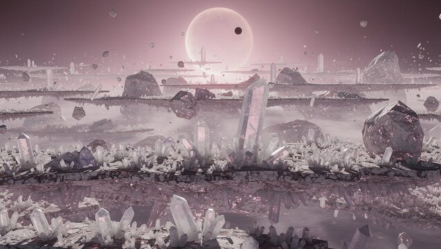 Otherworldly Null-Gravity Xenocrystal Suspension Field Hovering in Silent Tiers Under Pale Magenta Giant Occultation｜淡い赤紫色の巨星食の下で沈黙の層状に浮遊する無重力異晶体の懸架フィールド