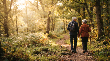 Fototapeta premium Elderly couple holding hands walking on a forest path during golden hour