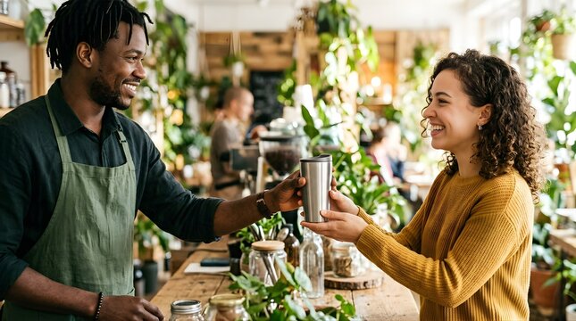 Happy barista serving coffee in reusable cup to smiling customer in cafe