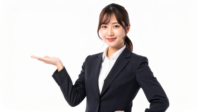 白背景で右手の手のひらを上に広げて製品やサービスを案内するスーツ姿の女性（切り抜き）