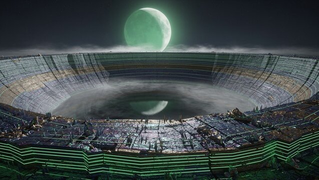 Surreal Chrono-Laminate Basin World Where Elapsed Time Deposits Visible Iridescent Mineral Strata in a Vast Sunken Bowl Under Green Hypergiant Crescent｜経過時間が虹色の鉱物層を堆積させた巨大窪地世界（緑色超巨星三日月の下）