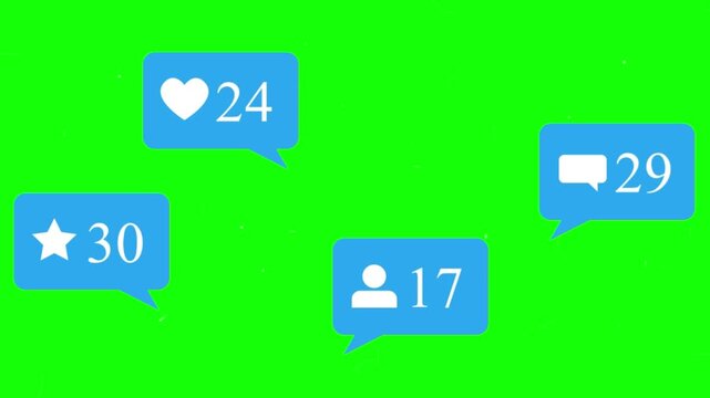 Notification icons for social media featuring likes, comments, stars, and followers appear on a green screen.